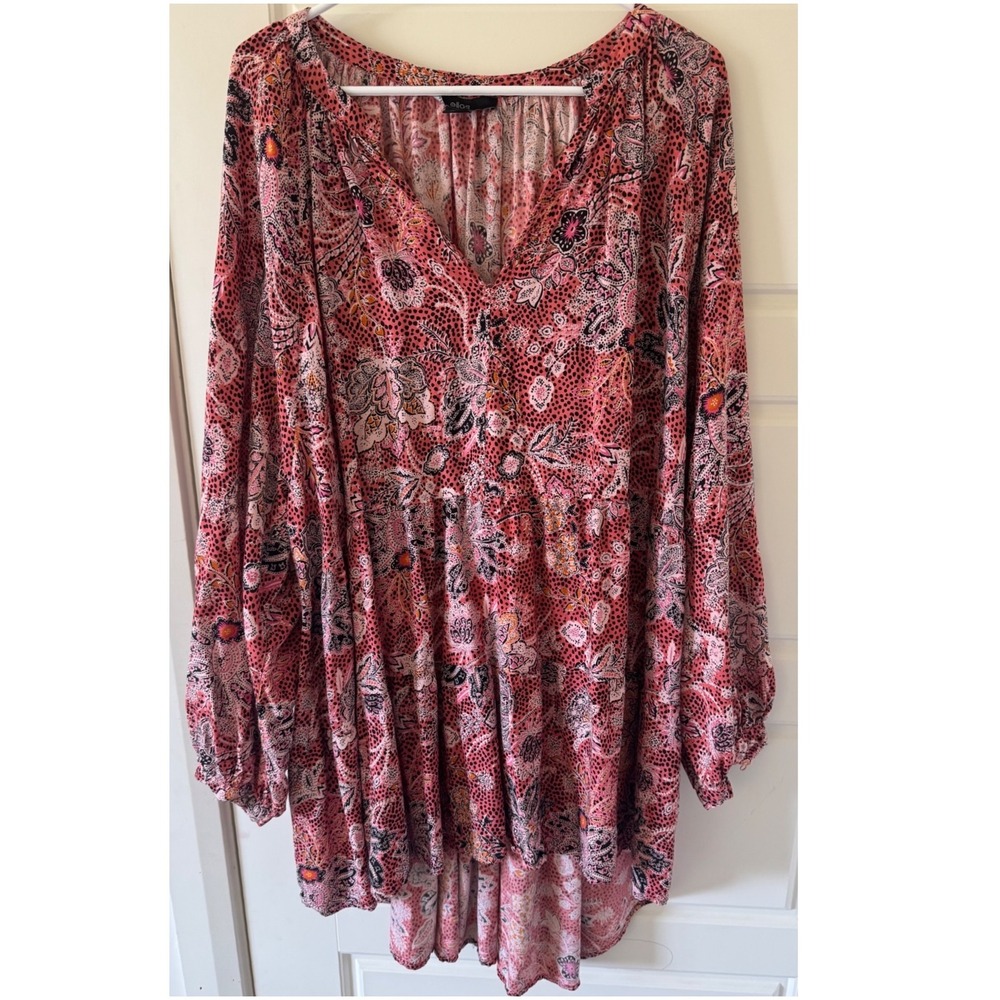 Ellos Sz 3X Womens Long Pink Floral Puff Sleeve Flowy Tunic Top Boho Feminine